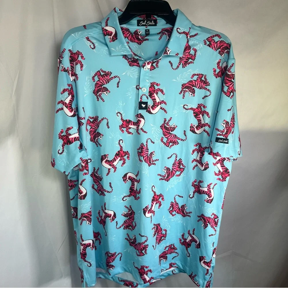 Bad Birdie Men's Tiger Watch Golf Polo Shirt Light Blue and‎ Red Size XL